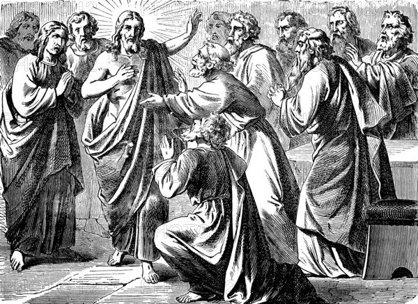 Jesus Christ, Son of God, and Thomas, peace be upon you, Gospel of John, chapter 1, John the Baptist, disciple, God, nail marks, body, hands, New Testament, Bible, historical illustration 1877