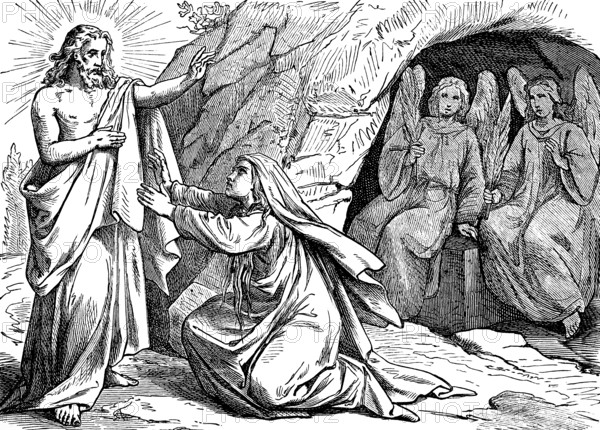 Mary Magdalene and the Risen, Gospel of John, chapter 20, John the Baptist, resurrection of Jesus, disciple, angel, cave, rabbi, kneel down, New Testament, Bible, historical illustration 1877