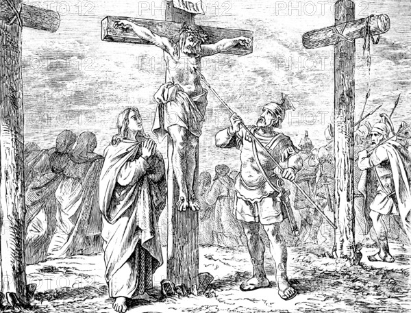 The war servant punctures the side of Jesus, Gospel of John, chapter 1, John the Baptist, crucifixion, INRI, war servant, torture, lance, wound, thirst, vinegar, blood, death, New Testament, Bible, historical illustration 1877
