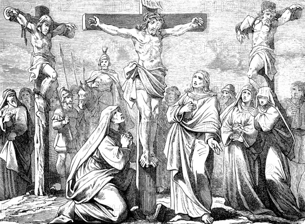 Jesus' legacy on the cross, Gospel of John, chapter 1, John the Baptist, crucifixion, three crosses, INRI, Jewish king, war servants, horsemen, weapons, lances, clothes, go, Mary Magdalene, mother, disciple, son, pray, horror, grief, nail, criminal, New Testament, Bible, historical illustration 1877