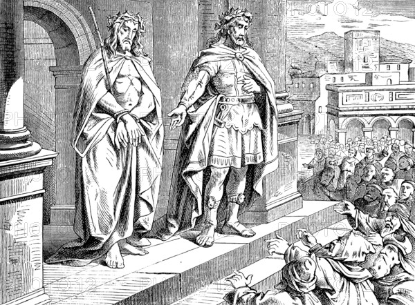 Jesus speaks, see what a person, Pilate finds no fault in him, Gospel of John, chapter 19, John the Baptist, Judgment, crowd, anger, laws, high priest, Jews, Son of God, self-exaltation, scourging, New Testament, Bible, historical illustration 1877