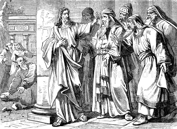 The Jews pick up stones against Jesus, Jesus went out to the temple right through them, Gospel of St. John the Baptist, Jews, Abraham, throw, honor, devil, New Testament, Bible, historical illustration 1877