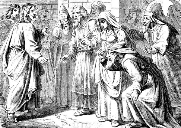 Christ and the Adulteress in the Temple, Whoever Among You Is Without Sin, Throw the First Stone at Her, Gospel of St. John the Baptist, Marriage, Scribes, Pharisees, Wife, Adultery, Moses, Law, New Testament, Bible, Historical Illustration 1877