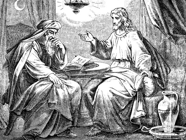 Jesus and Nicodemus, Gospel of St. John the Baptist, Colonel, Jews, night, teacher, God, birth, questions, chamber, crescent moon, oil lamp, book opened, round table, jug, bowl, New Testament, Bible, historical illustration 1877