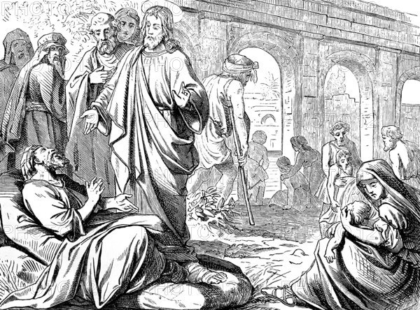 The healing at the pool of Bethesda, Jesus speaks, get up, take up your bed and go to the water, Jerusalem, Gospel of St. John the Baptist, five halls, sheep house, sick, blind, drought, water, movement, angel, health, healing, 38 years ill, New Testament, Bible, historical illustration 1877