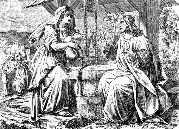 She Samaritan at Jacob's Well in Sichar, Gospel of St. John, Chapter 4, John the Baptist, Jacob, Well, Tiredness, Jesus, Journey, Jew, Samarian Woman, Woman, Draw Water, Jug, Thirst, Eternal Life, Conversation, Landscape, Drawing Well, Samaria, New Testament, Bible, Historical Illustration 1877