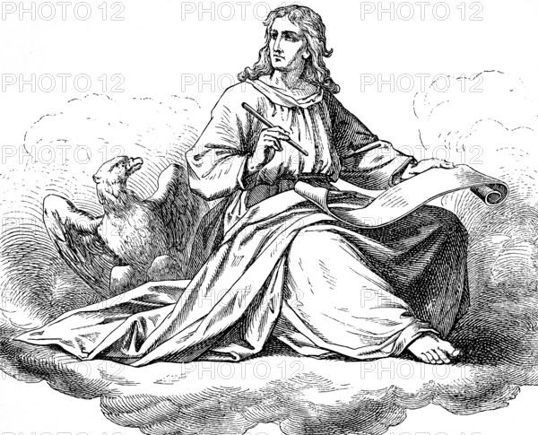 Picture introducing the Gospel of John, John the Baptist, eagle, scroll, pen, cloud, New Testament, Bible, historical illustration 1877