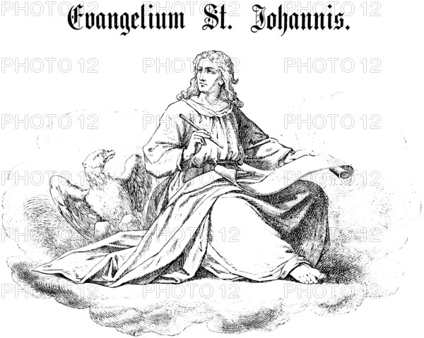 Introduction to the Gospel of John, John the Baptist, Eagle, Scroll, Pen, Cloud, Title, New Testament, Bible, Historical Illustration 1877