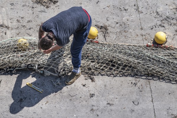 Seen from above, a fisherwoman in blue pants bends over a large fishing net spread out on the dry concrete for repair, the edges of which are marked with yellow floats and reflect the busy atmosphere of the harbor, Erquy, Saint-Brieuc Bay, Côtes-d'Armor, Brittany region, France
