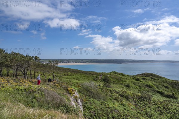 An elevated panorama shows the vast landscape of Cap d'Erquy covered with pine, broom and low scrub, from which a hiking couple looks across the extensive bay with the village's sandy beach and the emerald green sea, Erquy, Cap d'Erquy, Côtes-d'Armor department, Brittany region, France