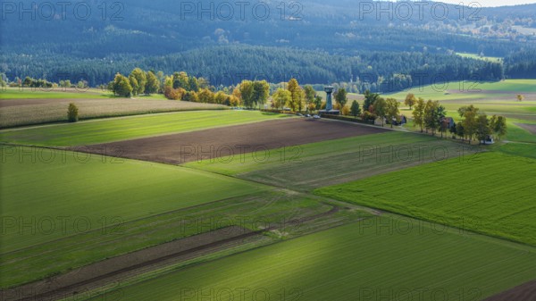 The picture shows a quiet landscape with green fields, colorful trees and a small observation tower. The colors of nature shine in the warm light of autumn. Grenzland Tower, Bad Neualbenreuth, Upper Palatinate