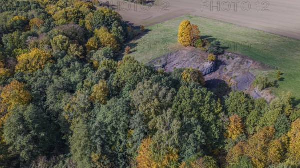 The scene shows an autumnal landscape with colorful foliage. An extinct volcano is surrounded by trees, while the surrounding area glows with soft colors. Železná hurka, Czech Republic
