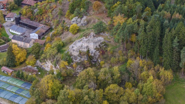 An old castle ruin stands in the middle of the autumn forest, surrounded by colorful trees of various colors. The surrounding area is quiet and shows nature over the course of the seasons. Liebenstein, Upper Palatinate
