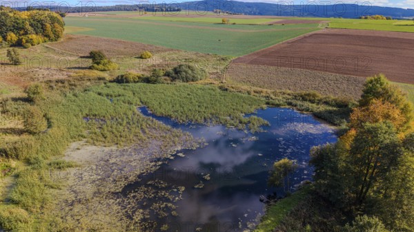 A quiet pond surrounded by meadows and trees. The colors of autumn are reflected while the sky is clear and blue. Železná hurka, Czech Republic