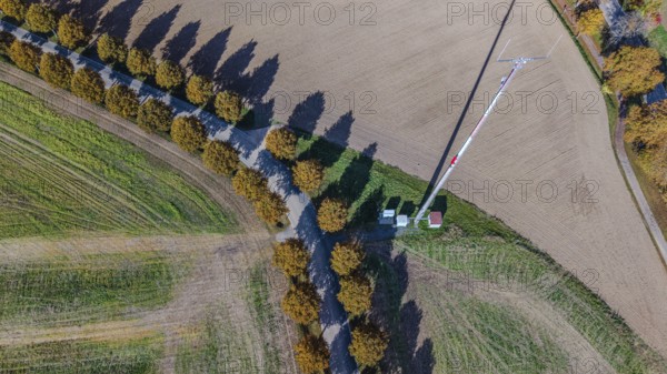 An antenna mast can be seen in a field in the middle of an autumn environment. The trees along the trail cast long shadows in the afternoon sun. Bad Neualbenreuth, Upper Palatinate