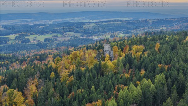 The ruins of Weissenstein Castle rise above a colorful forest whose leaves glow in autumn. The rolling hills and the wide valley create a picturesque landscape. Friedenfels, Upper Palatinate
