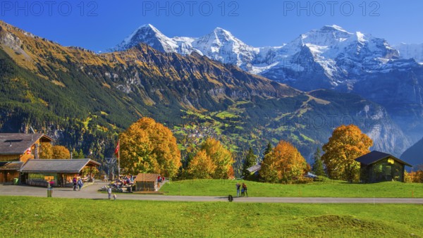 Mountain inn in the hamlet of Sulwald with views of Wengen, Eiger 3967m, Mönch 4110m and Jungfrau 4158m in autumn, Isenfluh, Lauterbrunnental, Bernese Oberland, Canton of Bern, Switzerland