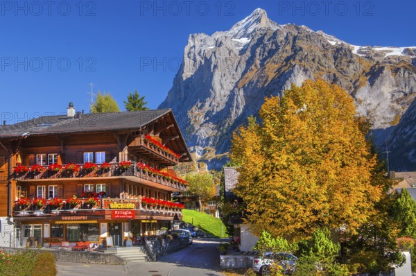 Village bakery with Wetterhorn 3690m in autumn, Grindelwald, Lütschinental, Bernese Oberland, Canton of Bern, Switzerland