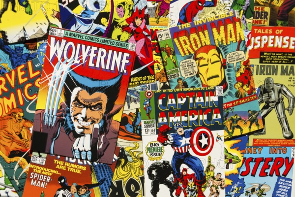 PRAGUE, CZECH REPUBLIC - JANUARY 29: Colorful vintage comic magazine covers top view flat lay composition on January 29, 2018 in Prague, Czech Republic