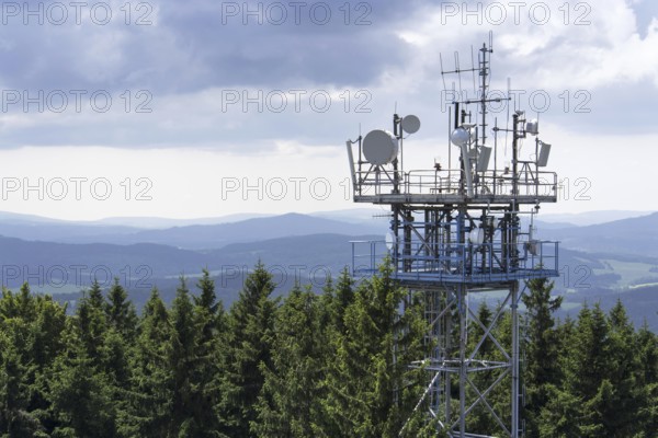 Bunch of transmitters and aerials on the telecommunication tower Prague Czech republic