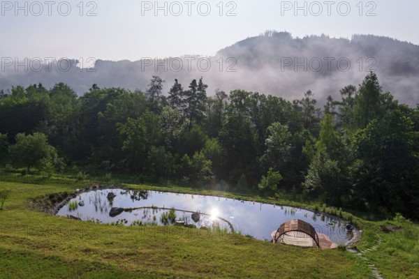 Pretty wooden pier at natural swimming pond or pool, NSP, purifying water without chemicals through biological filters and plants Krivoklat Czech republic