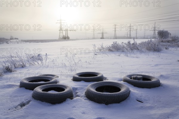 Winter tires on snow with electricity distribution plant in background Prague Czech republic