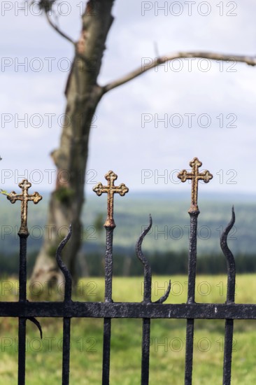 Beautiful small iron crossed fence decoration, graveyard wall with green woods in background, life and death concept Prague, Czech republic
