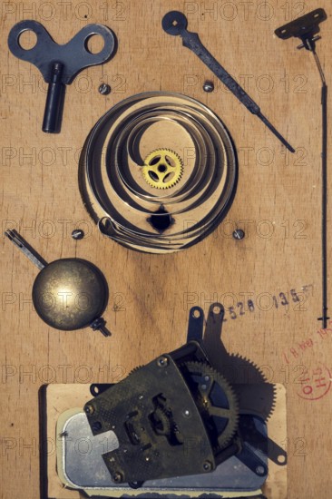 Retro vintage clockwork movement watch mechanism on wood Prague, Czech republic