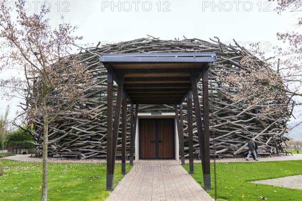 OLBRAMOVICE, CZECH REPUBLIC - NOVEMBER 23 2019: Storks Nest riding arena covered with wood resembling a giant birds nest on November 23, 2019 in Olbramovice, Czech Republic
