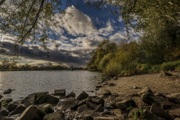 The quiet Danube in the background, surrounded by trees and rocks. The sky is covered with clouds. The sun shines softly on the water. Bogen, Lower Bavaria