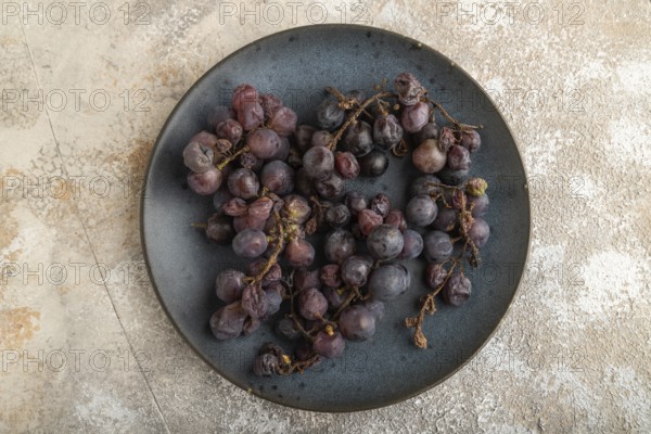 Bunches of rotten and Dry Red wine grapes on blue plate on brown concrete background, harvest, decay. Top view, flat lay, close up