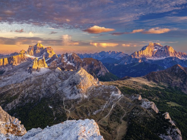 Alpenglühen, Monte Pelmo and Civetta at sunset, Dolomites, Alps, Belluno province, Veneto region, Italy