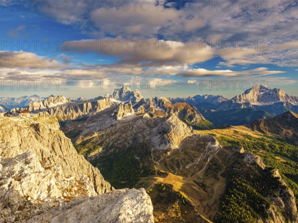 Rifugio Lagazuoi and rugged Dolomite peaks, in the middle of Monte Pelmo, Civetta on the right, Dolomites, Alps, Belluno province, Veneto, Italy