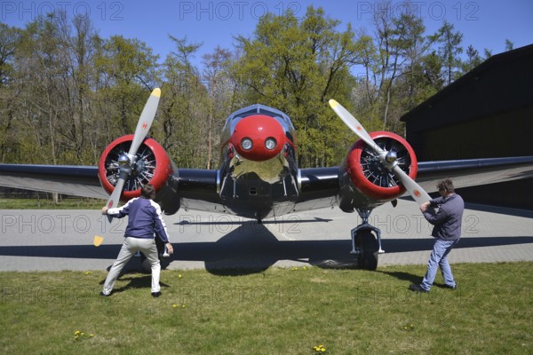 PRAGUE, CZECH REPUBLIC - APRIL 21 2020: Lockheed Electra 10A vintage airplane preparing for flight on airport on April 21, 2020 in Prague, Czech republic