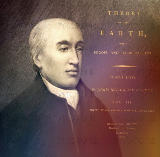 Portrait of James Hutton, 1726 – 1797, Scottish geologist, agriculturalist, chemical manufacturer, naturalist and physician, the Father of Modern Geology, title of his book Theory of the Earth, digitally edited
