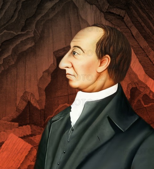 Portrait of James Hutton, 1726 – 1797, Scottish geologist, agriculturalist, naturalist and physician, the Father of Modern Geology, digitally edited based on a painting by Abner Lowe, vein deposits of minerals, Cairnsmore of Fleet granite, Scotland, illustration by John Clerk of Eldin from the publication Theory of the Earth