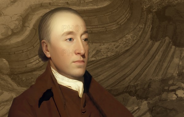 Portrait of James Hutton, 1726 – 1797, Scottish geologist, agriculturalist, chemical manufacturer, naturalist and physician, the Father of Modern Geology, digitally optimized based on a painting by Henry Raeburn, Juction of strata, Isle of Man, Scotland, illustration by John Clerk of Eldin from the publication Theory of the Earth