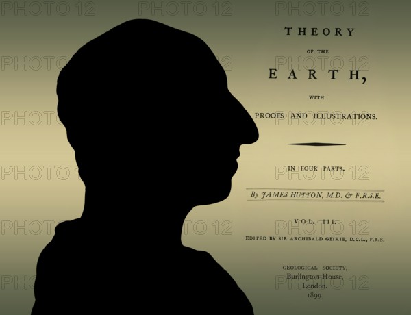 Silhouette of James Hutton, 1726 – 1797, Scottish geologist, agriculturalist, chemical manufacturer, naturalist and physician, the Father of Modern Geology, title of his book Theory of the Earth, digitally edited