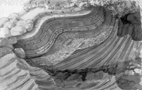 Juction of strata, Isle of Man, Scotland, illustration by John Clerk of Eldin from the publication Theory of the Earth by James Hutton, 1726 – 1797, Scottish geologist, agriculturalist, chemical manufacturer, naturalist and physician, the Father of Modern Geology