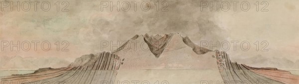 East-West Section, Northern Granite, Isle of Arran, Scotland, illustration by John Clerk of Eldin from the publication Theory of the Earth by James Hutton, 1726 – 1797, Scottish geologist, agriculturalist, chemical manufacturer, naturalist and physician, the Father of Modern Geology