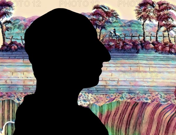 Silhouette of James Hutton, 1726 – 1797, Scottish geologist, agriculturalist, naturalist and physician, the Father of Modern Geology, in the background The Unconformity at Jedburgh, Scotland, illustration by John Clerk of Eldin from the publication Theory of the Earth, digitally edited