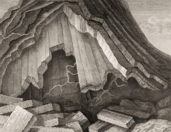 Vein deposits of minerals, Cairnsmore of Fleet granite, Scotland, illustration by John Clerk of Eldin from the publication Theory of the Earth by James Hutton, 1726 – 1797, Scottish geologist, agriculturalist, chemical manufacturer, naturalist and physician, the Father of Modern Geology