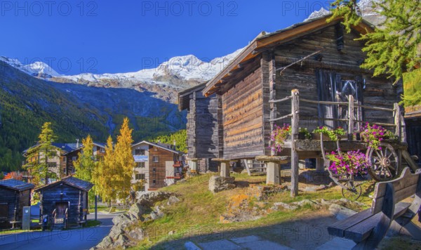 Typical granaries on the outskirts of the village with Allalin 4027m and Alphubel 4206m in autumn, Saas-Fee, Saasertal, Valais, Switzerland