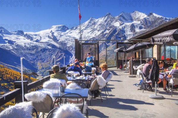 Mountain oyster terrace on Kreuzboden with Alphubel 4206m and Mischabel group 4545m in autumn, Saas-Grund, Saasertal, Valais, Switzerland