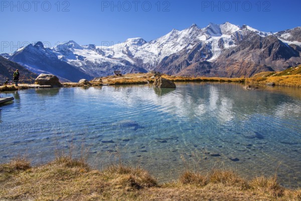 Kreuzbodensee with Alalin 4027 m, Alphubel 420 6 m and Mischabel Group 4545 m in autumn, Saas-Grund, Saasertal, Valais, Switzerland