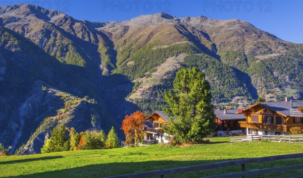 Typical houses across the valley, Grächen, Mattertal, Valais, Switzerland