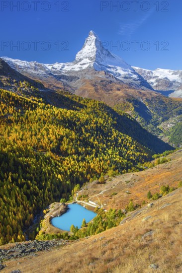 Moosjisee on the 5-lake hiking trail with Matterhorn 4478 m in autumn, Zermatt, Mattertal, Valais, Switzerland