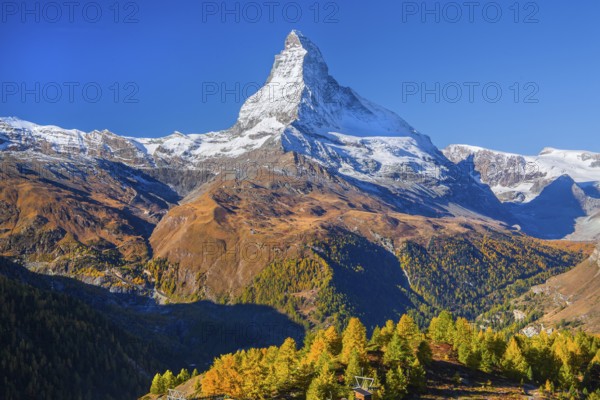 Sunegga view of the Matterhorn 4478 m in autumn, Zermatt, Mattertal, Valais, Switzerland