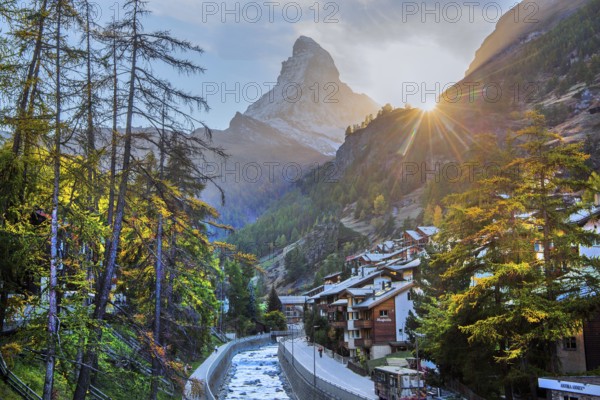 Matterhorn 4478 m above Mattervispa at sunset, Zermatt, Mattertal, Valais, Switzerland