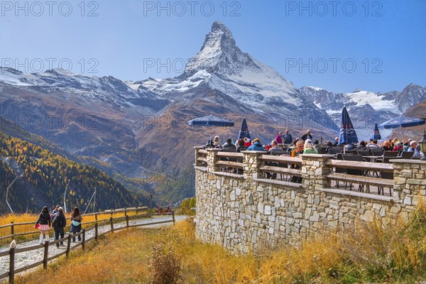 Sun terrace at mountain house on the Sunnegga with Matterhorn 4478 m, Zermatt, Mattertal, Valais, Switzerland